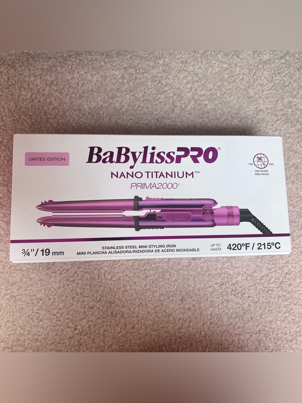 NIB Limited Edition PinkBaBylissPRO Nano Titanium PRIMA 2000 mini styling iron